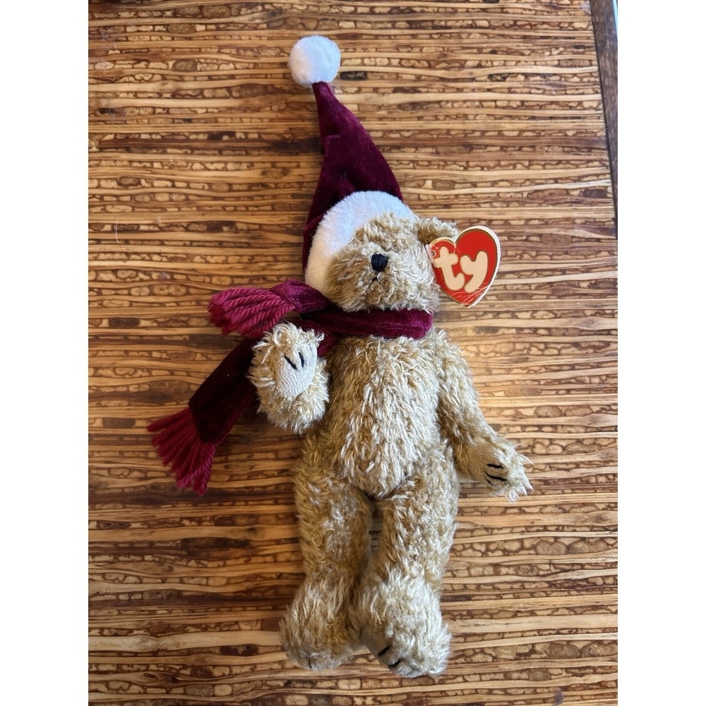 Ty Attic Treasures Jingle the Bear 1993 Vintage Tan Plush Christmas Hat Scarf